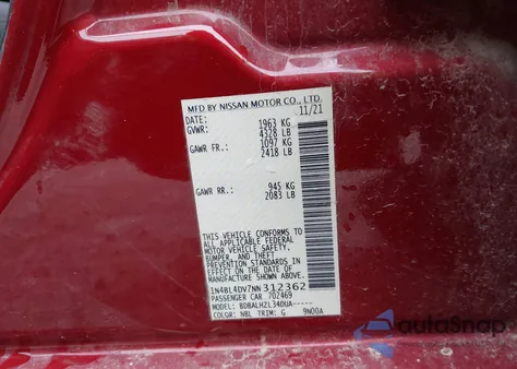 2022 Nissan Altima Sv Fwd from USA, damaged, VIN 1N4BL4DV7NN312362